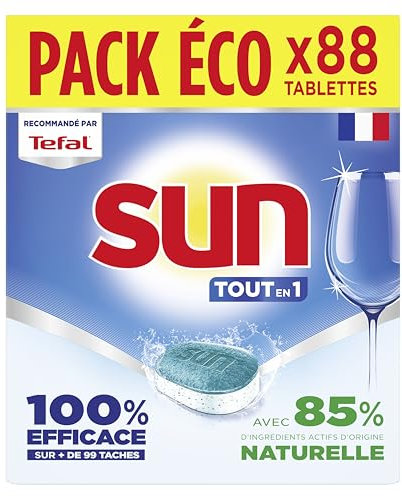 SUN - pastilles lave-vaisselle Tout en 1 Regular - 88 tablettes - avec 85% d'ingrédients d'origine naturelle - 100% efficace sur + de 99 taches - Fabriqué en France