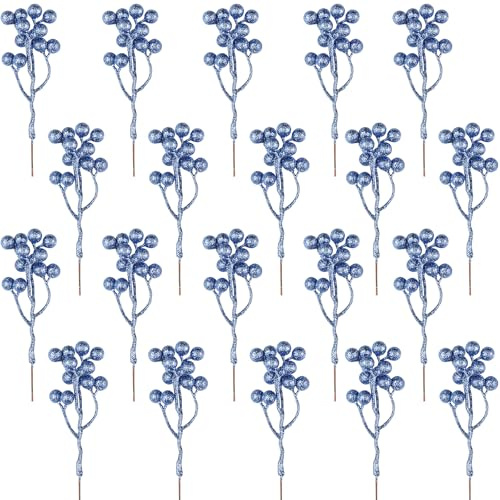 Fangoo 20 Pack 18 cm Red Berry Twig Stem Artificial Burgundy Berry Picks for Christmas Tree Decorations Wreath Making Supplies DIY Crafts Holiday Winter Home Decor(Blue)