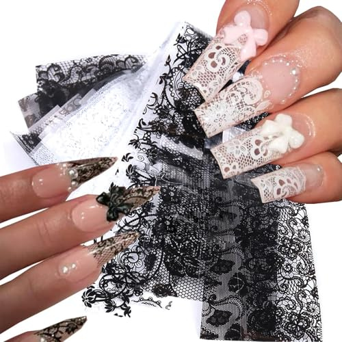 Calkkrer Lot de 20 films de transfert holographiques pour ongles, pointe noire et blanche, film laser, autocollants pour ongles, décoration de manucure DIY