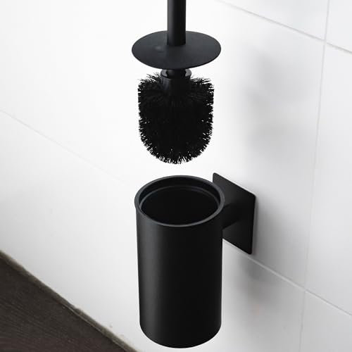ELMOWO - Premium Edelstahl Klobürste ohne Bohren selbstklebend inkl. Spezialkleber (extrem sicherer Halt) - Toilettenbürsten-Halter hängend zur Wandmontage - Moderne WC Bürstengarnitur (schwarz)