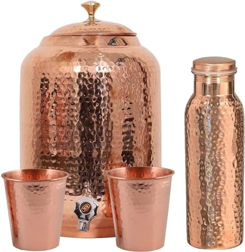 Royal Kurta Pure Copper drinkware Water Dispenser -Hammered Finish- Pot ayurveda Health Healing 8 Liter Storage Capacity Water Container Tank with 2 Matching Tumbler Glasses (8 litres)