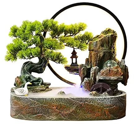 desktop fountain Tabletop Water Fountain Artificial Bonsai Tree Design Indoor Resin Waterfalls Fountains Decorative Tabletop Fountain with LED Light Best Home Gifts for Parents or Friends home office