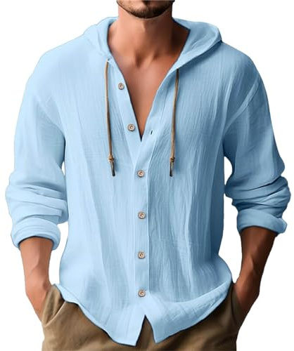Generico Camicia in Lino Uomo Estiva Elegante Cotone E Lino Camicie con Cappuccio Leggera Comode Casual Shirts con Tasca Coreana Maglietta Maniche Lunghe con Bottoni Traspirante T-Shirt da Uomo