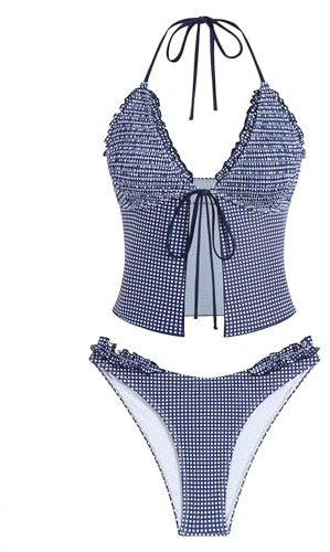 ZAFUL Tankini Swimsuits for Women Smocked Ruffles Tie Front Bowknot Textured High Cut Tanga Tankini Set(33-Midnight Blue, S)