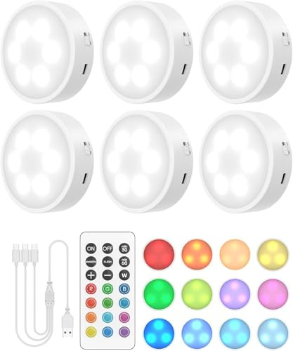 GOODEA.fun Uppladdningsbar LED-lampa Puck Lights RGB Magnetiserade, Pekbelysning under köksskåp Batteri med Fjärrkontroll Timer Dimmer för Skåp, Garderob, Vitrinskåp, Hylla