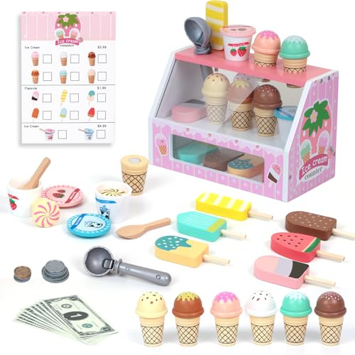 EVERGD Wooden Ice Cream Counter Shop Playset Toy for Kids, Play Food Dessert Toy Set for Pretend Role Play Kitchen Toy, Safe Natural Wooden Toy Gift for 3 Years Old Boy or Girl (Pink)