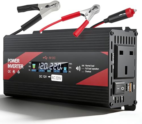 2000W Power Inverter 12V to 240V with LCD Display, 2 UK Sockets & USB Port, Modified Sine Wave Car Inverter for Camping, RV, Truck, Home Use – High Efficiency >95%, Safety Protections (Red)