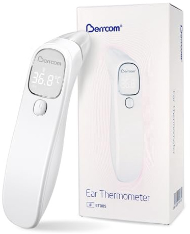 Berrcom Termometro senza contatto, per fronte e orecchio, termometro digitale medico, a infrarossi, per bambini, adulti, con allarme febbre, lettura immediata