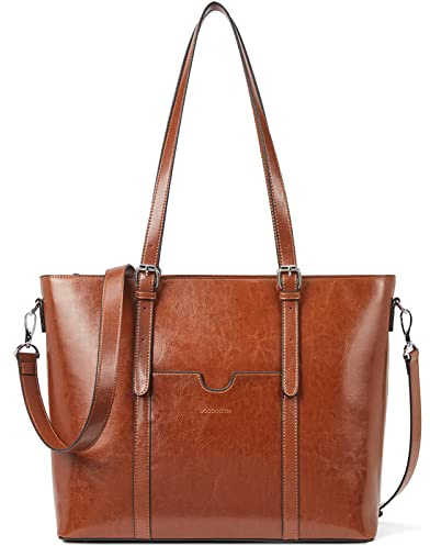 BOSTANTEN Leather Laptop Bag Work Tote for Women Shoulder Handbag Briefcase 15.6 inch Satchel Computer Bag Brown