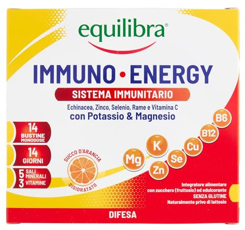 Equilibra Integratori Alimentari, Immuno Energy, Integratore per la Normale Funzione del Sistema Immunitario a Base di Sali Minerali e Vitamine, Riduce Stanchezza e Affaticamento, 14 Bustine