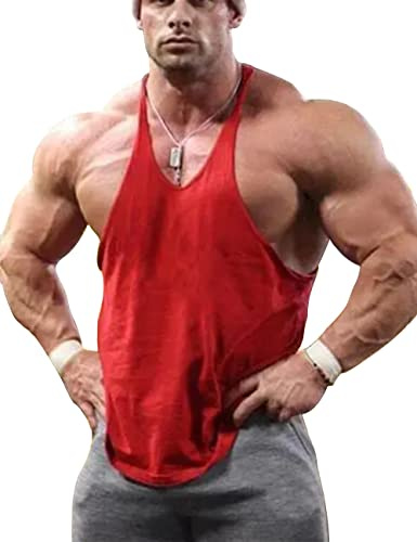 GYMAPE Mens Gym Stringer Singlet Stretchy Bodybuilding Workout Tank Top Cotton Pure, Pln Red, M