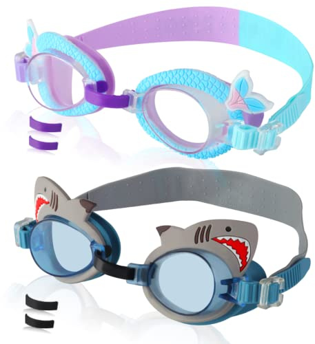 Tsctswk 2 Pack Kids Swim Goggles No Leaking, Anti Fog Waterproof Swimming Goggles for Boys and Girls Ages 2-12, Toddler Adjustable Nose Bridge UV Protection Outdoor Pool Gear