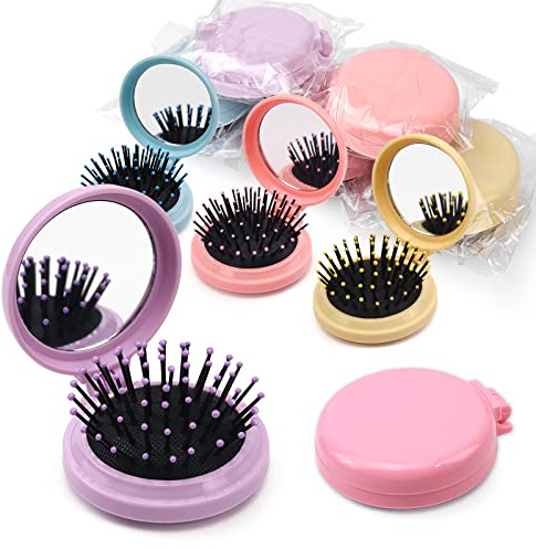 50pcs Folding Travel Mirror Hair Brushes Round Folding Pocket Hair Brush Mini Hair Comb Compact Travel Size Hair Massage Combor Women and Girls (5Colors)