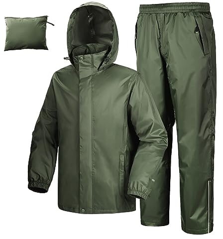 33,000ft Men's Waterproof Rainsuit Hooded Rain Jacket Rain Trousers Packable Raincoat Sets Windproof Two Piece Rain Suit with Safety Reflectors for Fishing Hiking Camping Army Green S