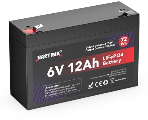 NASTIMA 6V 12Ah 72Wh LiFePO4 Wiederaufladbare Batterie Mit BMS-Schutz und 4000 Deep-Cycle Wartungsfrei, Geeignet für Notstrombeleuchtung, Kinderspielzeugautos, Motorboote, Camping, Sonnenkollektoren