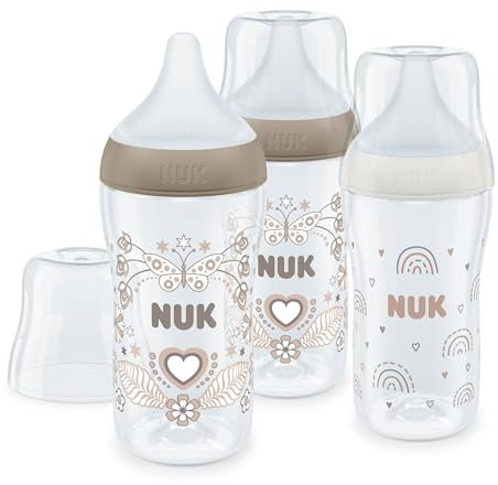 NUK Perfect Match Baby Bottles Set | 3+ Months | Adapts to Baby's Palate | Temperature Control | Anti Colic Vent | 260 ml | BPA-Free | Medium Silicone Teat | Rainbow & Heart | 3 Count