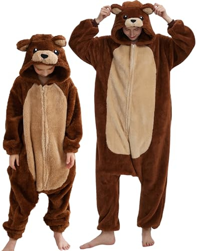 DarkCom Ours Brun Onesie pour Enfants et Adultes,Vêtements de Nuit Combinaison Parent-Enfant Cosplay Animal Halloween Kigurumi Costume Pyjama de Noël 12-13 Years