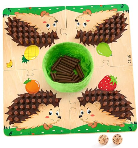 Mystooy Igel Spiel Brettspiel aus Holz, 100 Holzstäbchen Steckspiel mit Würfeln, Mathe Feinmotorik Spiel & Zählspielzeug Montessori Spiele ab 3 4 5 Jahren, Würfelspiel Reisespiel für Kinder
