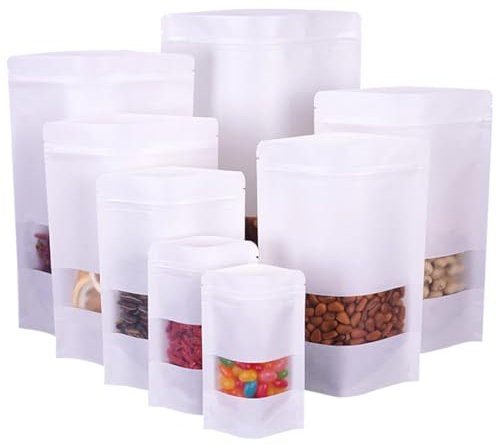 Papiertüten mit Fenster, Kraftpapier Tüten mit Sichtfenster, Verpackungstüten, Kraftpapier Tüten mit Fenster, Papiertaschen für Nüsse, Süßigkeiten, Kaffeebohnen, Teeblätter Weiß 10x15cm 100pcs