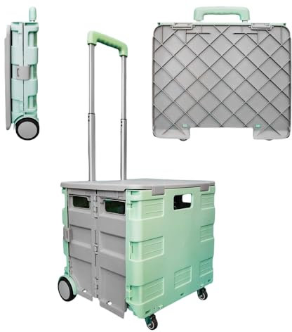 Berry 40 KG Foldable Shopping Trolley - Mint Green & Grey, Plastic Trolley Cart with 4 Wheels and Lid, Portable Cart with Telescopic Handle, Multipurpose Utility Cart for Shopping, Teacher, Laundry
