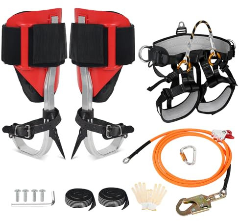 Tree Climbing Spikes Set for Tree Work, Adjustable Tree Climbing Gear with Safety Seat for Tree Climbing and 10FT Steel Wire Core Flip Line Kit for Outdoor Jungle Survival Fruit Picking (Full Set)