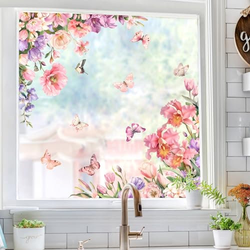 Tanlaby Rosa Blume Fensterbilder Sommer Fensteraufkleber Frühling Pflanzen Doppelseitige Statische Anti-Kollision Fenstersticker für Fenster Glas Tür Dekoration