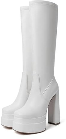 Meinabsatz Plateau Stiefel Blockabsatz Langschaft Kniehohe Damenstiefel High Heels Boots Karree Spitze Glattoptik Weiß 38 EU