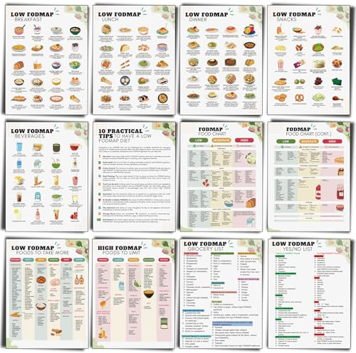 Sinload 12 Pcs Low FODMAP Food List FODMAP Meal Plan Food Chart Nutrition Grocery List Laminated Meal Poster for Gut Health