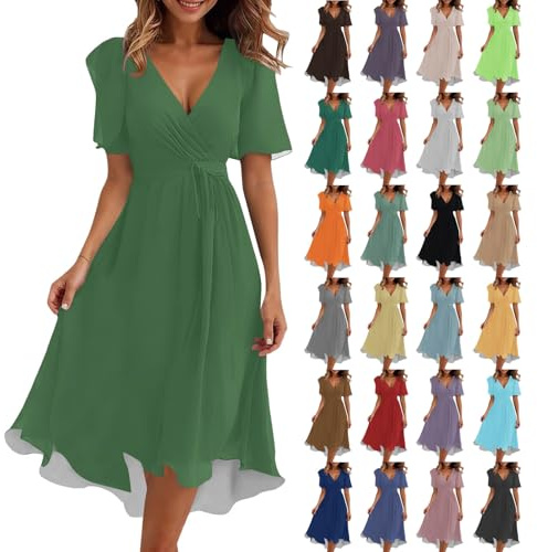 Sommarklänning dam, lätt och luftig, lång elegant chiffongklänning, rosa, chiffongklänningar, festliga stora storlekar, aftonklänningar, volanger, knälång, A-linje, cocktailklänning, V-ringad