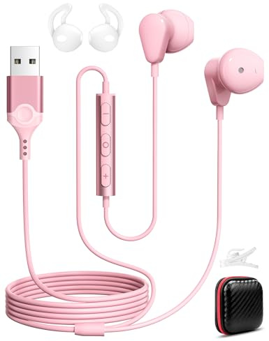 USB-headset för PC, trådbundna hörlurar av typ A med mikrokabel, 2,3 m, PC, stereospelheadset, HiFi med tyst, brusreducerande funktion, in-ear-spelare, hörlurar för Dell bärbar dator, rosa