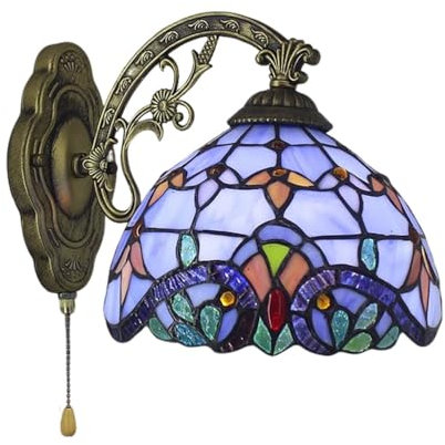 Dualbao Vintage Blue Baroque Wall Sconce Lamp with Pull Chain Switch, Tiffany Style Handmade Pink Green Stained Glass Wall Light for Bathroom Bedroom Bedside Reading Hallway Garage,Blue