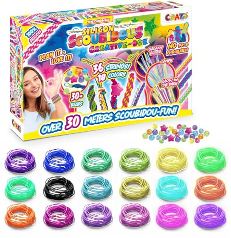 CRAZE Coffret Scoubidou – Kit Créatif Enfant avec 36 fils Scoubidous multicolores (pailletés, fluorescents, néon) + 30 perles et charms – Loisirs créatifs bracelets & bijoux