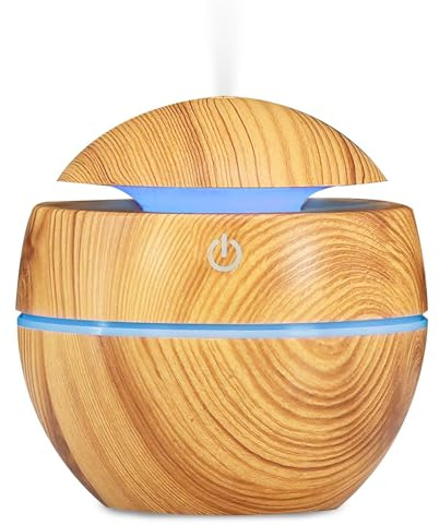 GEEZY Mini Humidifier 130ml with Colour Changing LED - USB Powered Diffuser, Portable Palm Size, Wooden Grain Design, Water or Aroma Use, Quiet Mist, Great for Homes, Desktop, Bedroom, Office, Plants
