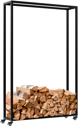CLP Portalegna da Interno in Metallo con Ruote Hilta, scaffale in Metallo Robusto, stoccaggio Legna da ardere in Salotto, Colore:Nero, Dimensione:25x100x150 cm