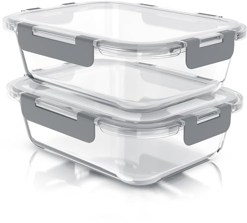 Arendo - Glas Frischhaltedosen Vorratsdosen für Lebensmittel mit Deckel luftdicht - 2er Set - 1500 ml - für Mikrowelle Ofen Gefrierschrank - Spülmaschinen geeignet - Lunchboxen Meal Prep Boxen Set