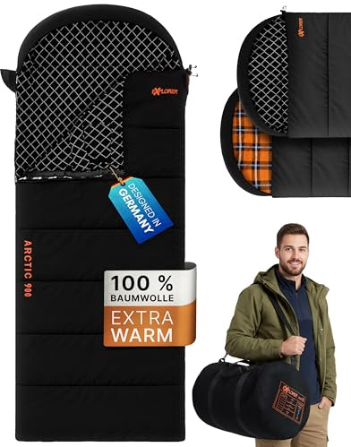 EXPLORER Arctic XXL Deckenschlafsack Winter -24°C Extrem – Camping Schlafsack aus 100% Baumwolle & Flanell – Koppelbar & Wasserabweisend – 90/110/140 cm (Grau/Schwarz, 90cm)