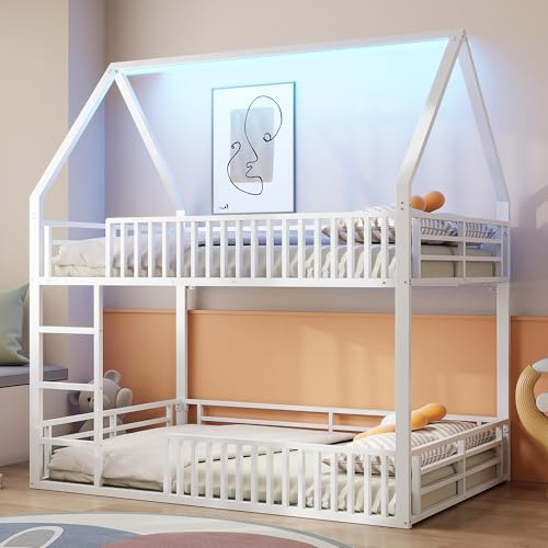 luckdect Lit Superposé 140x200 cm en Métal, Lit Superposé 2 Places, Design Loft, Forme du Toit, LED 7 Couleurs, Inférieur avec Petite Porte, sans Matelas