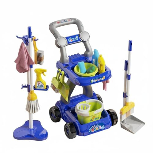 Xgdsnly Children Cleaning Playset Kids Cleaning Set Toy Broom Mop Bucket Housekeeping Kit Pretend Tools Safe Smooth Edges Suitable for preschool learning role, Blue, Trolley SET 18PCS