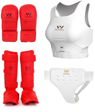 Wesing Karate Protective Gears Set for Women with Chest Protector Gloves Groin Guard Instep Shin Protection (Red, XL)