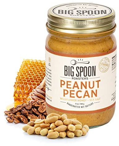 Big Spoon Roasters Peanut Pecan Butter w/Organic Wildflower Honey & Sea Salt - Raw Honey Low Sugar Peanut Butter - Creamy Peanut Butter with Pecans - Palm Free, Keto Natural Pecan Butter - 13 Ounces