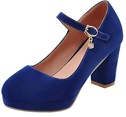 LOVOUO Femme Mary Jane Escarpin Talon Bloc Carré Haut Plateforme Sangle Bride Cheville Daim Chaussure Bout Rond 9CM(Bleu Royal,38)