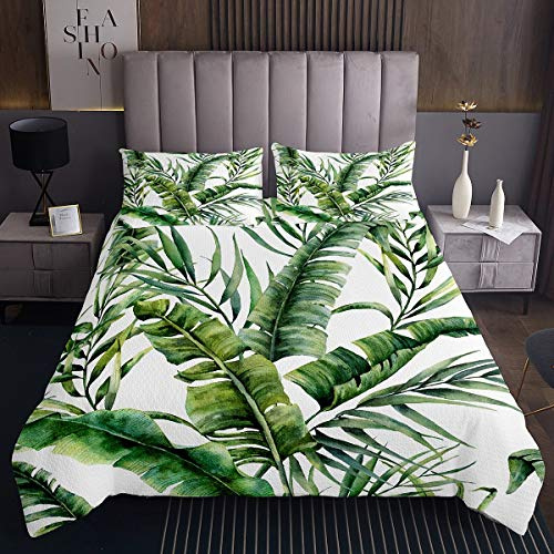 Tbrand Copriletto Trapuntato con Foglie di Palma Tropicali, Set Decorativo Verde Botanico per Letto Matrimoniale, 3 Pezzi
