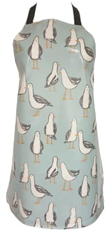Wipe Clean PVC Coated Aprons - 100% Cotton Oilcloth - One Size - Easy to Clean and Splash Proof Apron (Duck egg Seagulls, Adult (75cm Length))