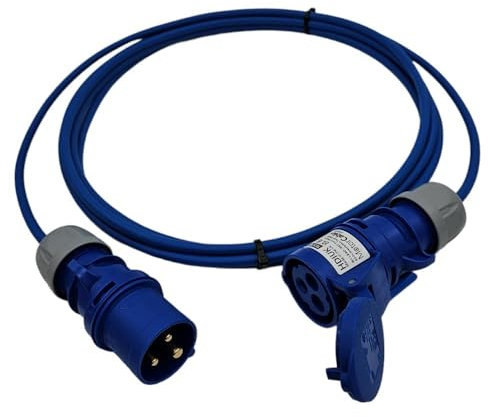 UK Made Mains Power Hookup Cable IP44 16 Amp CEE Plug to Coupler. Electric Extension Lead Blue (Length 5 Metres)