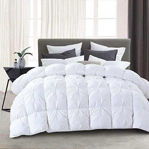HOMBYS Feather and Down Comforter King Size, 106x90 Pinch Pleat Duvet Insert with 100% Cotton Downproof Cover, White Fluffy Thick Comforter with Corner Tabs for All Season, Baffle Box Design