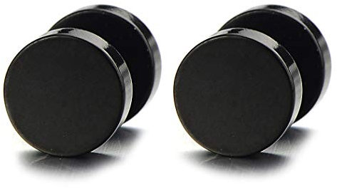 3MM Círculo Negro, Enchufe falso Fake Plug, Pendientes de Hombre, Aretes, Acero Inoxidable, 2 Piezas