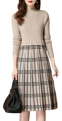 chouyatou Women's Vintage Plaid Checkered Color Block A Line Pleated Knitted Sweater Midi Long Dress (Small, Khaki)
