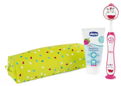 Chicco Set Spazzolino e Dentifricio per Bambini, Con Pratico Astuccio, Set Comprende Dentifricio Al Gusto Fragola e Spazzolino con Setole Morbide e Ventosa, Set da Viaggio, 3-6 Anni, Rosso