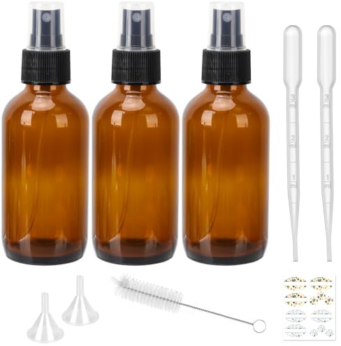 Lot de 3 flacons vaporisateurs en verre ambré de 120 ml avec pulvérisateurs à brume fine et bouchon anti-poussière pour huiles essentielles, solutions de nettoyage des plantes et cheveux
