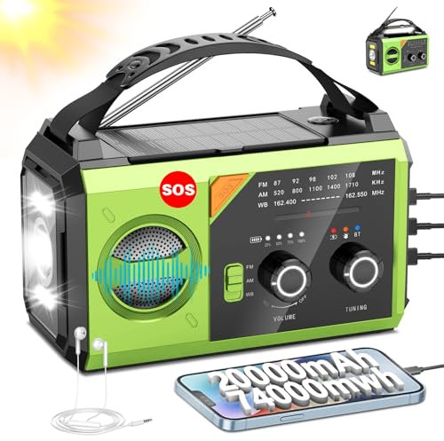 Radio d'urgence à manivelle 20 000 mAh, radio météo AM/FM NOAA avec chargeur de téléphone portable 74 000 mWh, radio solaire avec lampe de poche LED, charge USB, boussole, alarme SOS, camping et